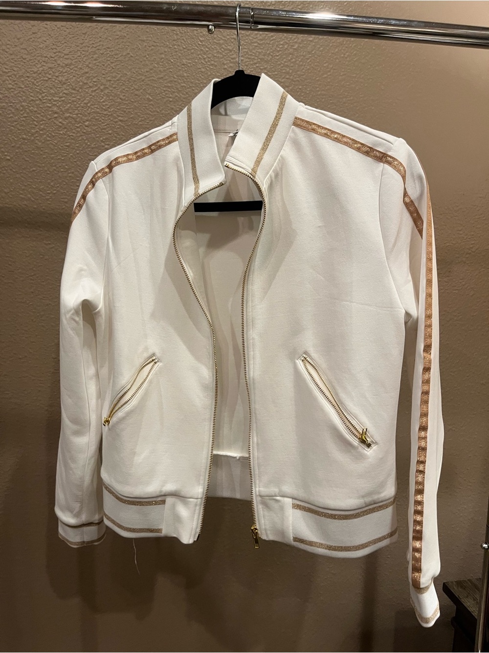 Women's White Zip-Front Jacket with Gold Trim and Pants Set